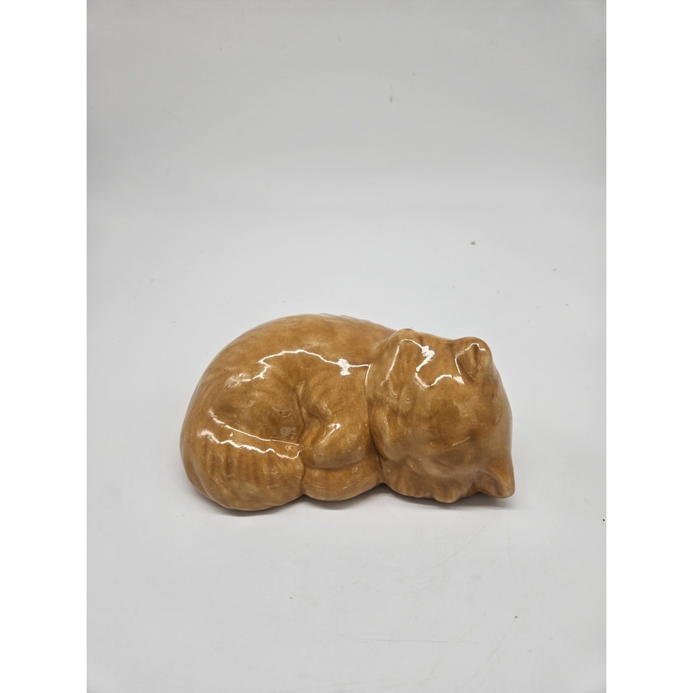 Ceramic Orange Cat Figurine Sleeping Napping Kitty 5.5" Home Shelf Decor
